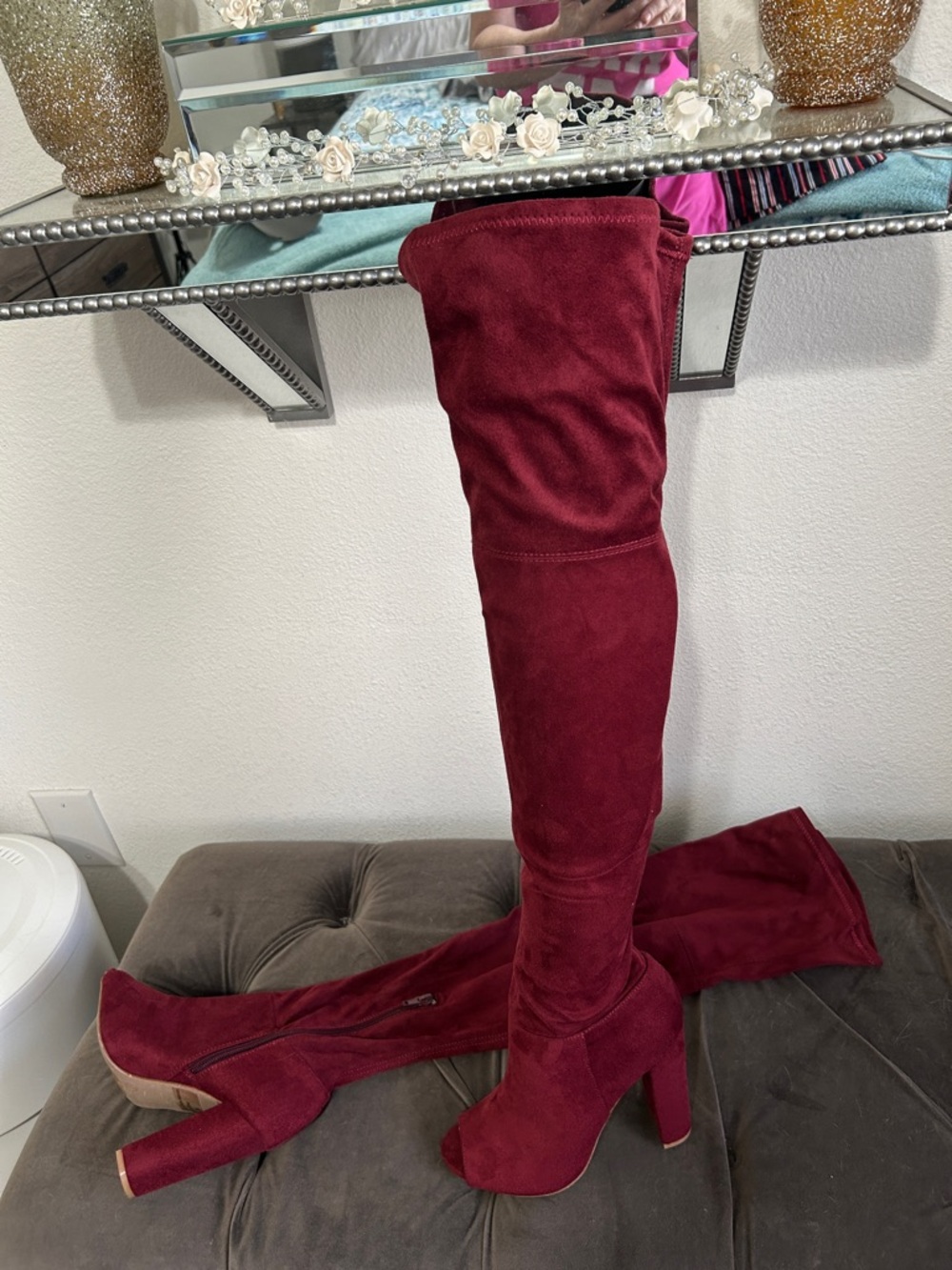 Women’s Over-the-Knee High Heel Boots - Burgundy Faux Suede